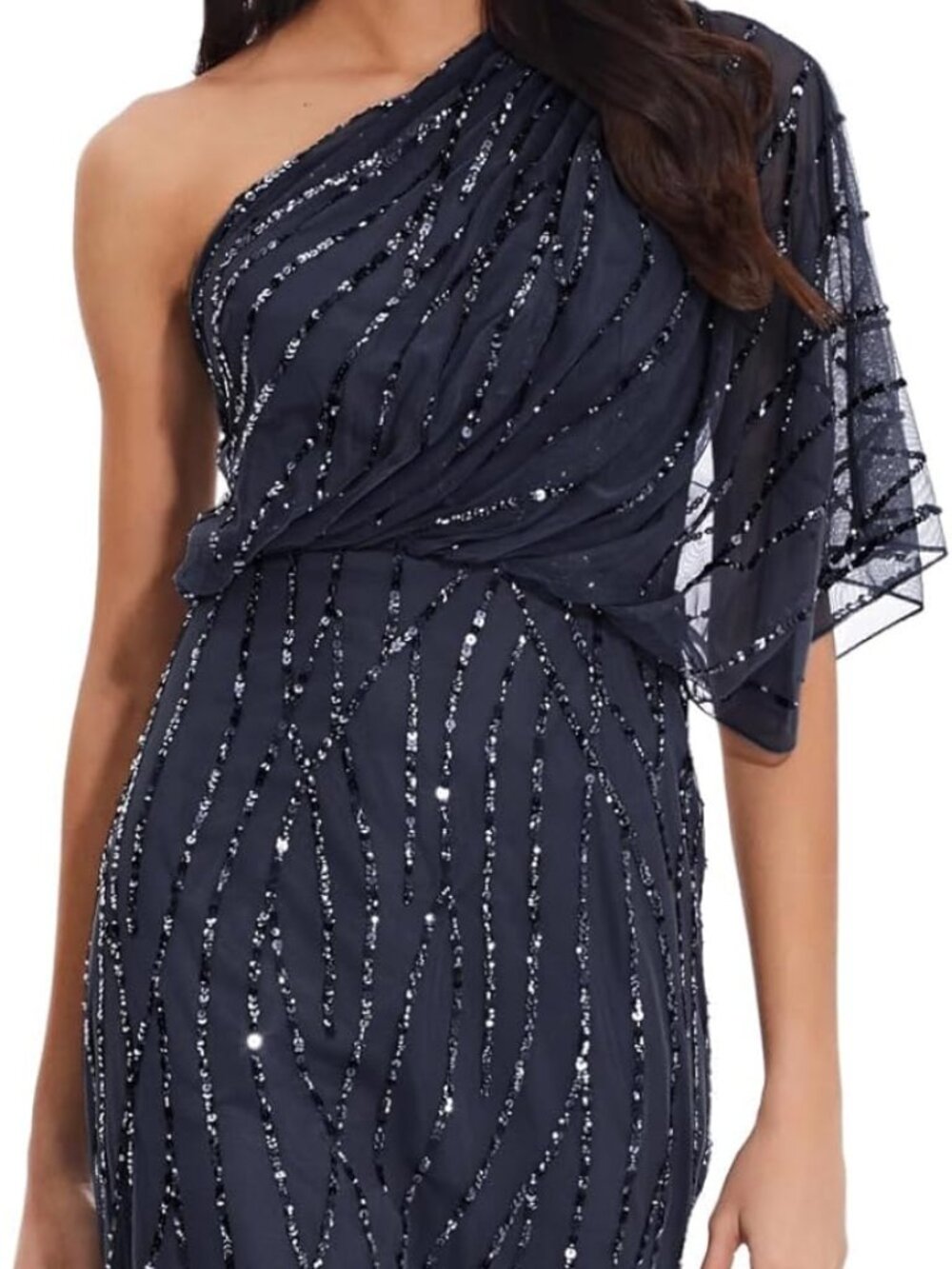 Adrianna Papell Women's Long Beaded One Shoulder Dress, size 18, Navy - Picture 1 of 4